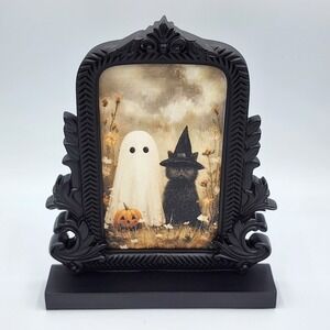 Ghost‎ and Black Cat Witch Gothic Halloween Canvas Black Matte Frame Resin 10"